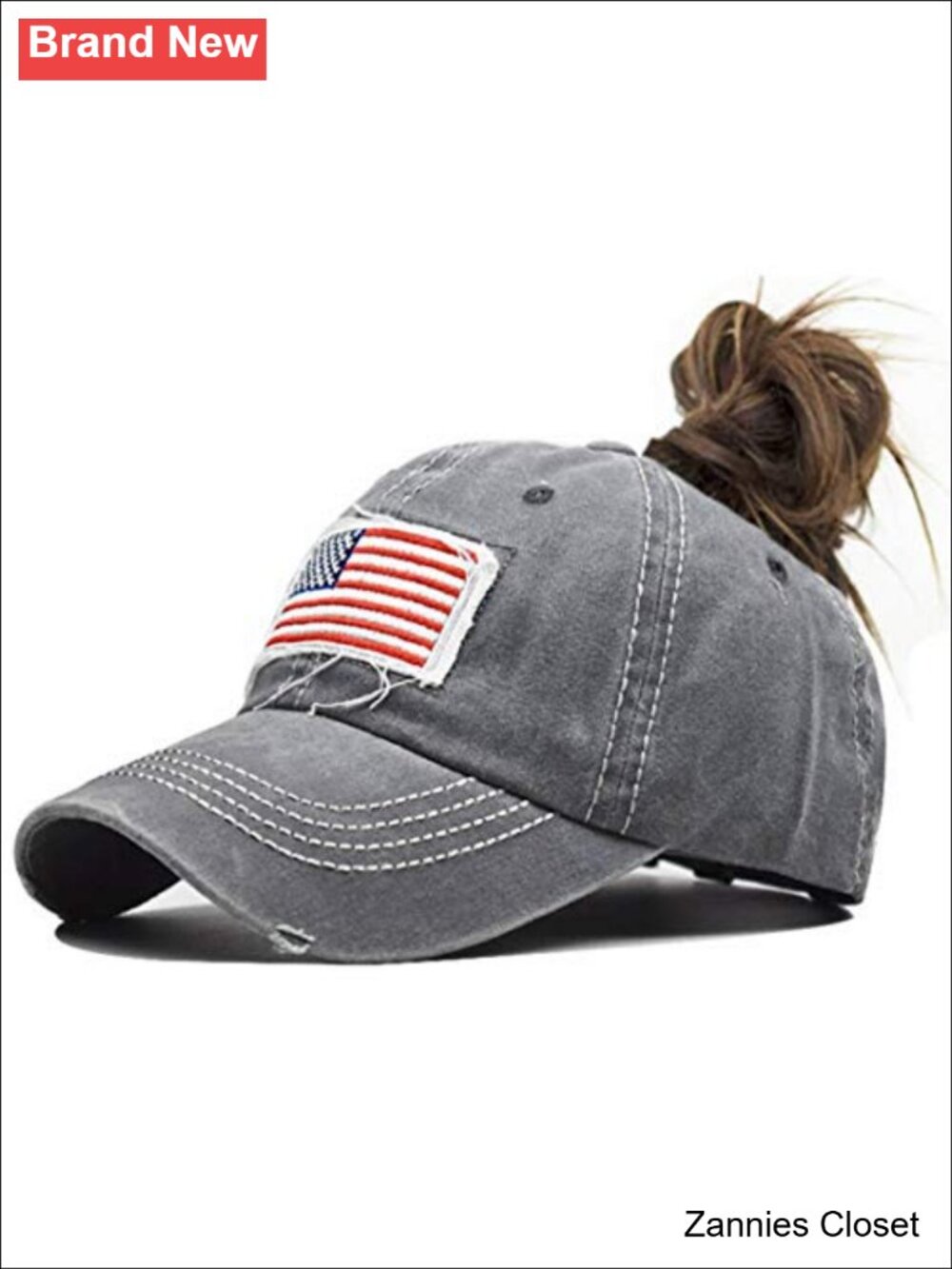 🤠 Distressed Ponytail Hat American Flag Ponytail Baseball Cap Washed Cotton